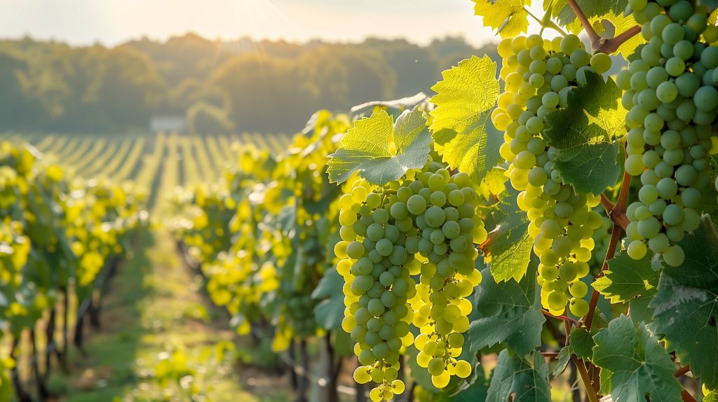 Paysage avec une vigne et des grappes de raisin blanc en premier plan