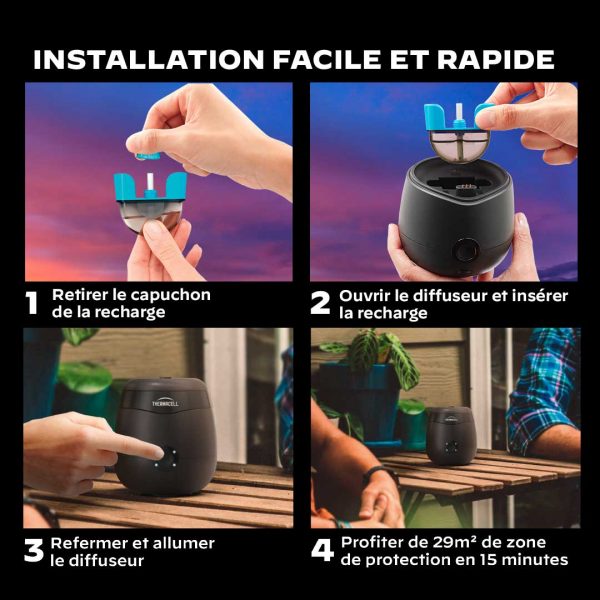 utilisation du dispositif thermacell: retirer le capuchon de la recharge, ouvrir le diffuseur et insérer la recharge, refermer et allumer le diffuseur, profiter de 29m2 de protection en 15 minutes