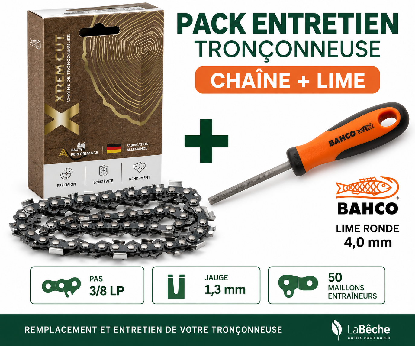 Pack chaîne tronçonneuse 3/8 LP 1,3 mm 50 maillons avec lime Bahco 4 mm