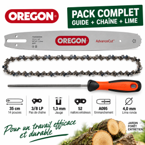 Pack guide Oregon 35 cm A095 avec chaîne 3/8 LP 52 maillons et lime Bahco 4 mm